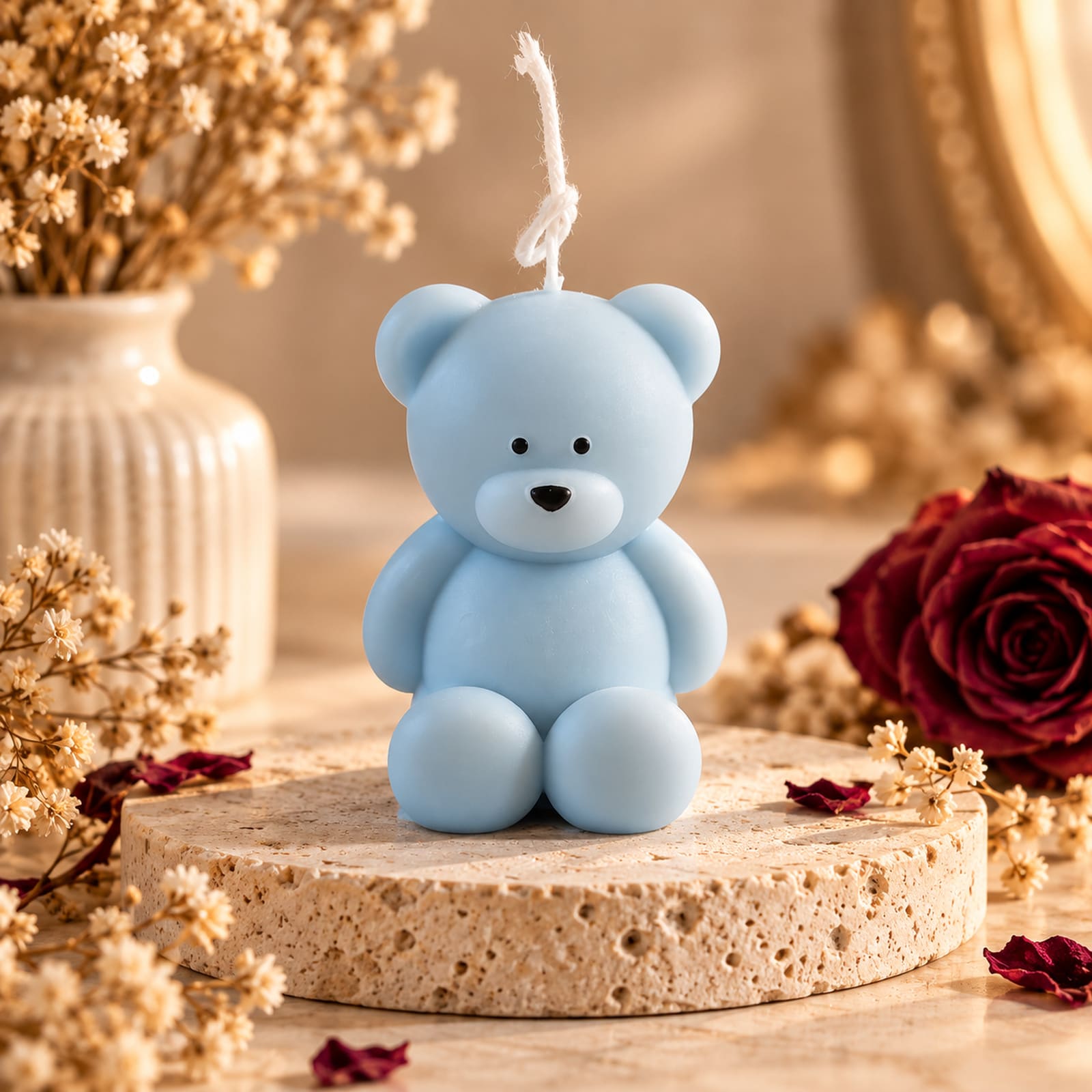 Bougie artisanale en forme d’ourson bleu.