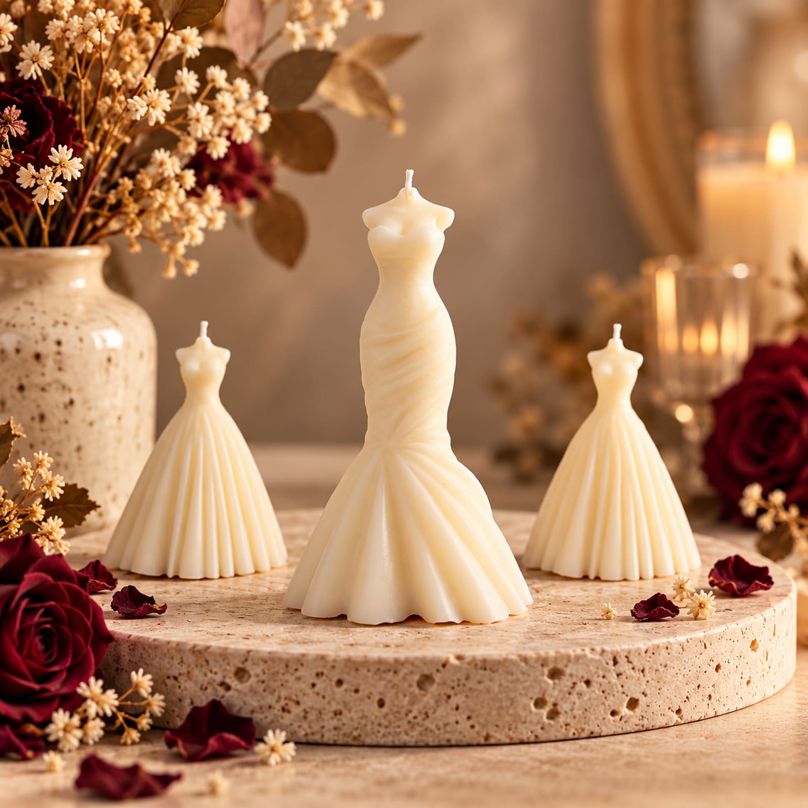 Collection de bougies en forme de robes.