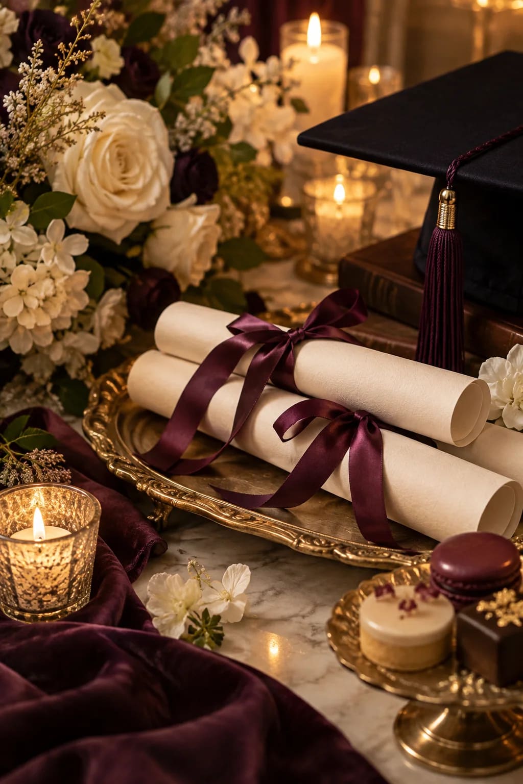 Détail graduation avec diplômes, fleurs et accents dorés