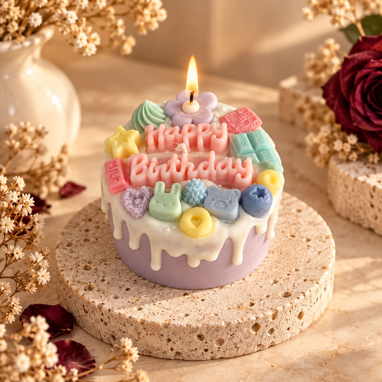 Bougie artisanale en forme de gâteau d’anniversaire.