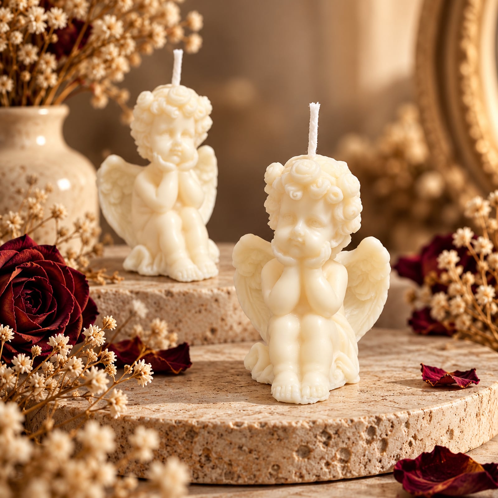 Collection de bougies artisanales en forme d’anges.